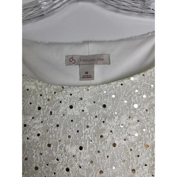 Cold Shoulder White Lace Top With Sequins Chiffon Sleeves Scalloped Hemline Sz M - Picture 4 of 8